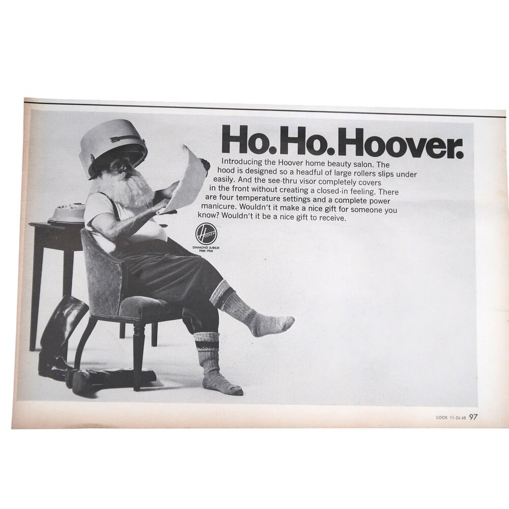 Hoover Home Beauty Salon Advertisement 1968 B&W Vintage Christmas Holiday Santa